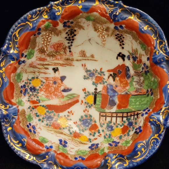 Other - Gorgeous GEISHA GIRL Handled Bowl BLUE w/ GOLD TRIM Scenic Flowers. Marked